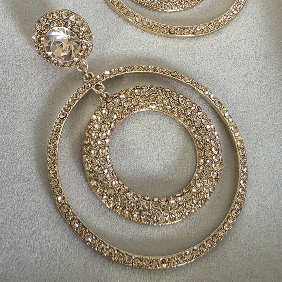 Statement Gold with Champagne Rhinestones Double Hoop Earrings - Picture 4 of 9